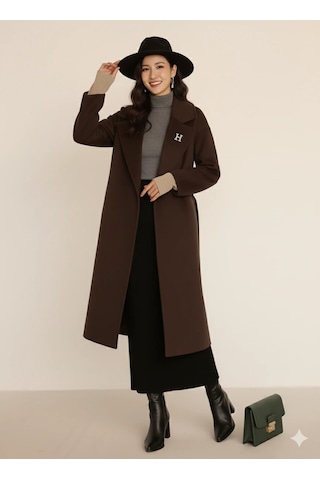 Kadın Siyah Kaşe Uzun Kaban Maksi Boy Palto Geniş Yakalı Düz Kesim Kışlık Kahve