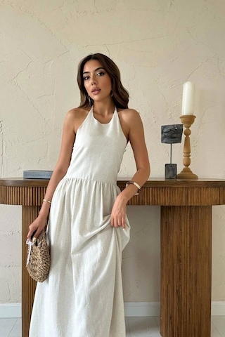 Defymoda Bej Arkası Gipeli Keten Elbise Bej