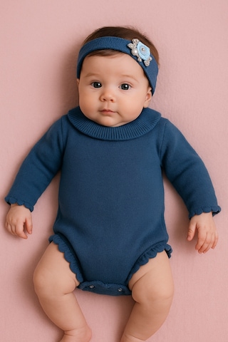 Babyhola Kız Bebek Triko Bandana Badi 2'li Set Yenidoğan Konsept Çekim Kostümü 9000 Mavi