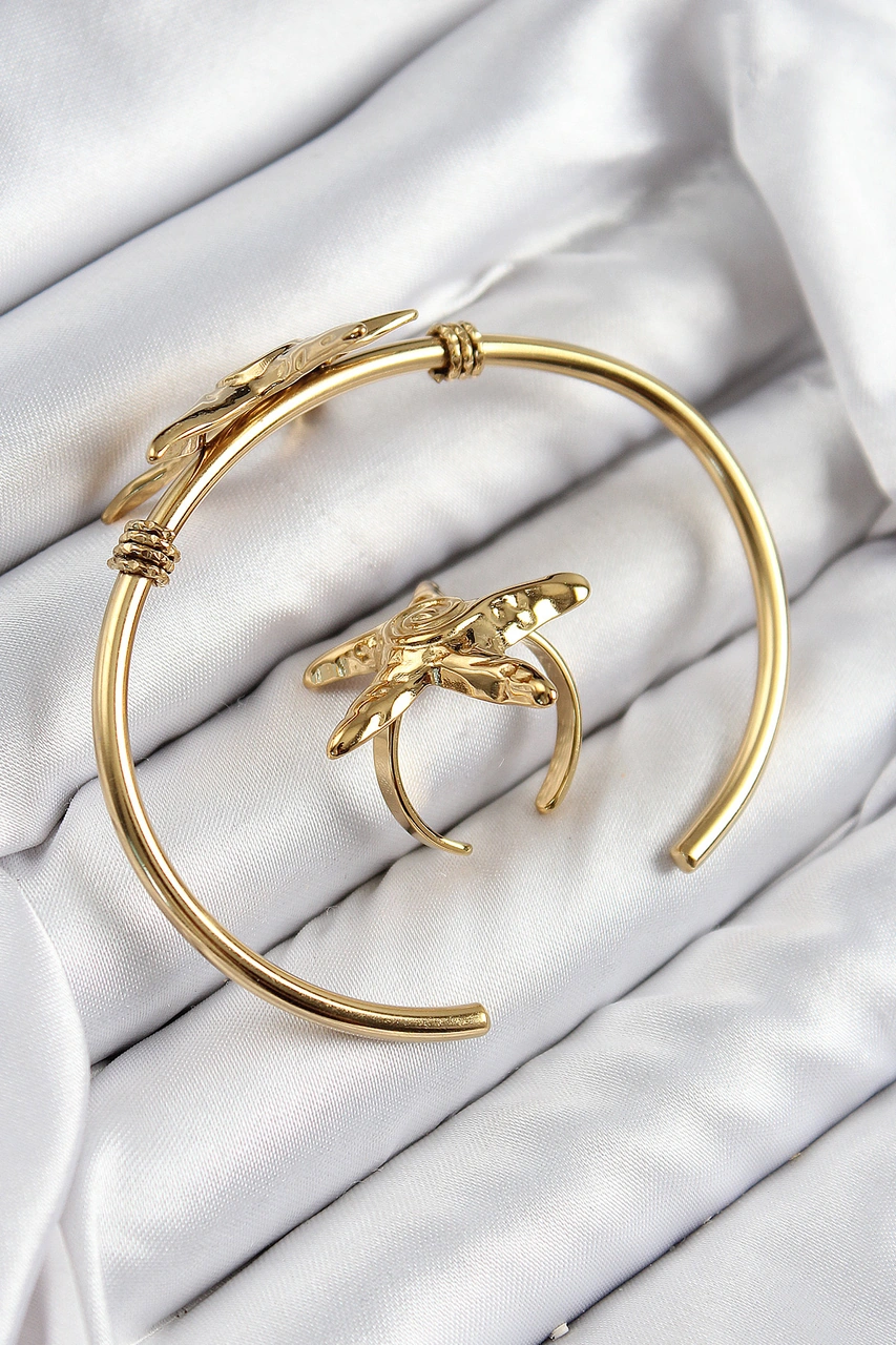 Nova Bazaar Pirinç Deniz Yıldızı Model Gold Renk Bileklik Yüzük Set Altın