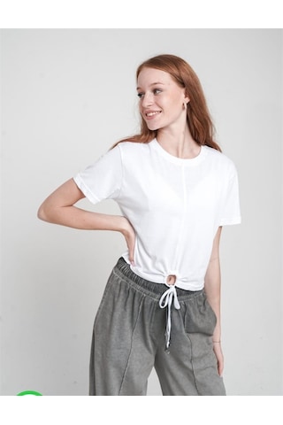 Kız Çocuk Sırtı Güneş Baskılı Bağlamalı Crop-12869 Beyaz