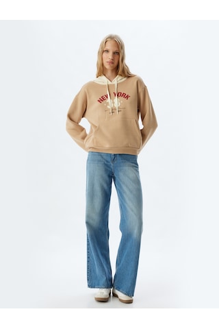 Koton Kolej Sweatshirt Kapüşonlu Baskılı Kanguru Cepli Rahat Kalıp Bej 5wal10444ık Ekru