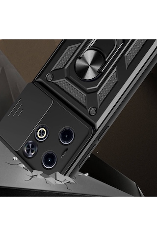 Goocamp İnfinix Smart 8 Kılıf Magnetik Standlı Kamera Korumalı Sürgülü Vega Kapak - Siyah