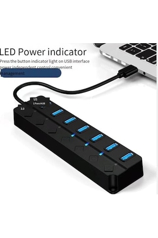 H-507 7 Port Usb 3.0 Hub Çoklayıcı Işıklı Açma Kapama Düğmeli Splitter Windows Uyumlu Çoğaltıcı Switch 5 Gbps Acı Kahverengi