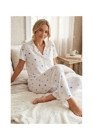 Fit Women Renkli Kalp Desenli Düğmeli Kısa Kollu Pijama Takımı 4591 Kar Beyaz