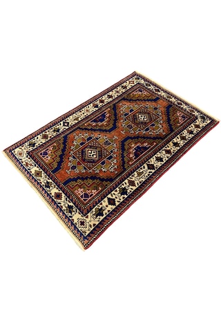 El Dokuma Sıfır Kafkas Halısı 102x160 Kiremit Lacivert Kök Boya Yün Halı Renkli