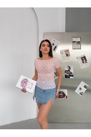 Elaxi Kadın Kayık Yaka Kısa Kollu Dantel Bluz Pembe