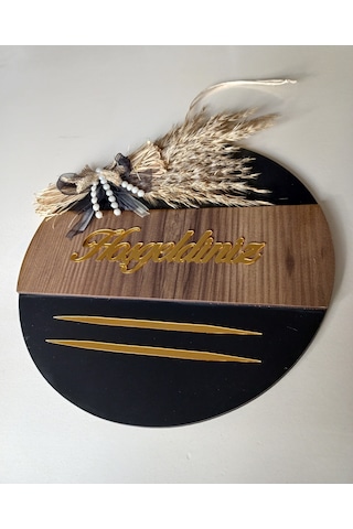 Hoşgeldiniz Yazılı Aynalı Pleksi Ahşap Dekoratif Dış Kapı Süsü Kahverengi