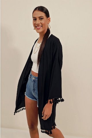 Hiccup Bdart Ponpon Detaylı Midi Plaj Kimono Siyah