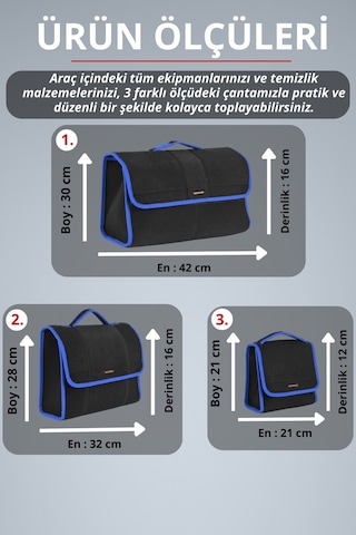 3'lü Cırtlı Keçe Kumaş Oto Bagaj Çantası Geniş Hacimli,dayanıklı,araç İçi Düzenleyici Mavi Kenar