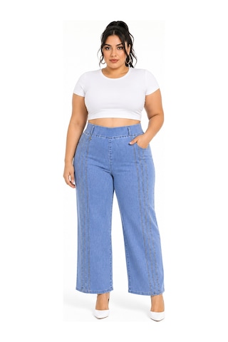 Büyük Beden Beli Lastikli Bağcıklı Yüksek Bel Taş Şerit Detaylı Bol Paça Denim Kadın Pantolon Mavi