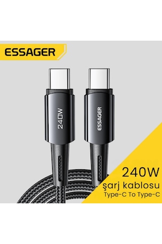 Essager 2 Metre 240w 5a Pd3.1 Type-c To Type-c Mega Hızlı Data Şarj Kablosu, Ultra Sağlam Halat Kablo Kopmaz