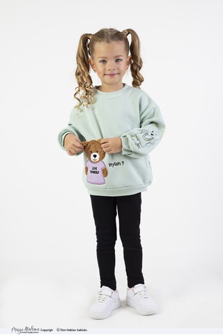 Kız Çocuk Orta Kalınlıkta Baskılı Örme Basic Taytlı Alt Üst Takımı Yeşil