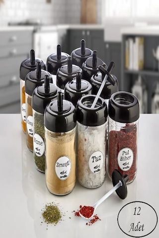 12 Adet Kapağı Kendinden Kaşıklı Cam Baharatlık Seti 300 Ml ŞEffaf