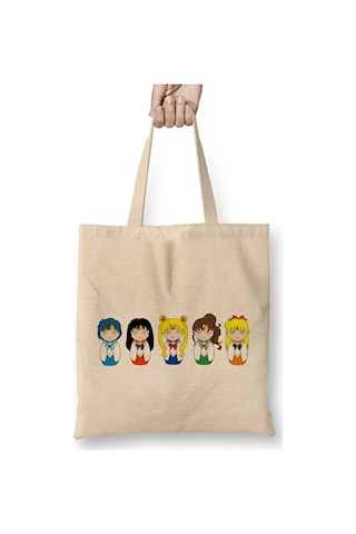 Toyaso Sailor Moon Kawaii Bez Çanta Uzun Saplı Alışveriş Çantası Plaj Çantası Beyaz