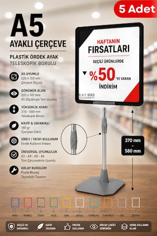 5 Adet - A5 Ayaklı Çerçeve Seti Plastik Ördek Ayak Teleskopik Borulu Fiyat Etiketliği Yönlendirme Levhası Menü Panosu Siyah