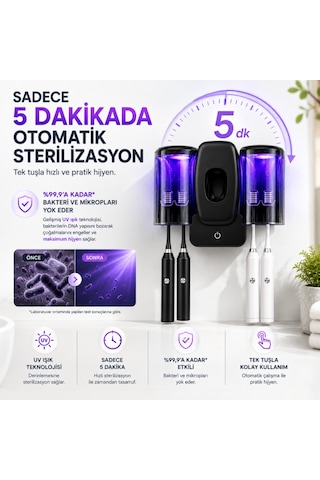 Uv Sterilizasyonlu Diş Fırçası Tutucu, Otomatik Diş Macunu Dispenseri, 4 Fırça Kapasiteli, 1200mah Şarjlı, Duvara Monte Beyaz
