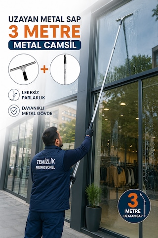3m Uzayan Saplı Metal Camsil Seti 35 Cm Profesyonel Cam Temizleme Aparatı Açık Gri