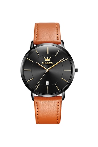 Olevs 5869 Erkekler İş Su Geçirmez Hakiki Deri Kayış Kuvars Saat Siyah + Kahverengi
