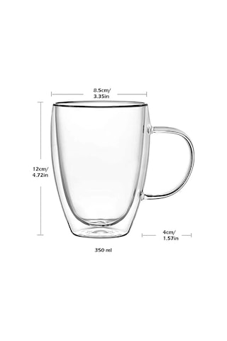 6'lı Çift Camlı 350 Ml Çift Cidarlı Cam Kupa Ev Ofis Fincanı Çift Katlı Isı Yalıtımlı Kulplu Bardak