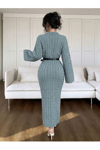 Sayzen Your Shine Gömlek Yaka Düğmeli Saç Örgülü Triko Elbise Sy-2515 Nardo Gri