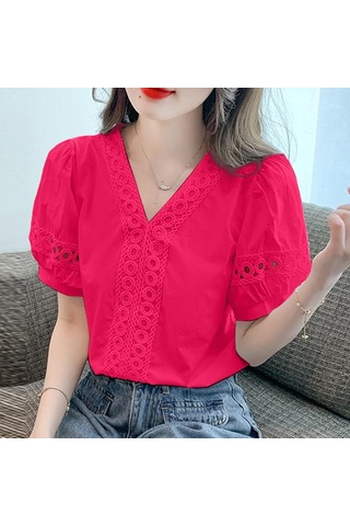 Vonda Kadın Yazlık Rahat V Yaka Puf Kısa Kollu Dantel Eklemeli Düz Renk Bol Bluz Gül