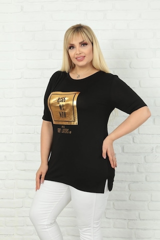 Modasehle Kadın Büyük Beden Varak Baskılı T-shirt Siyah Varak