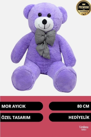 Özel Üretim Sevgililer Doğum Günü Hediye Manita Eş Sevgili Sevimli Papyonlu 80 Cm Mor Büyük Ayıcık