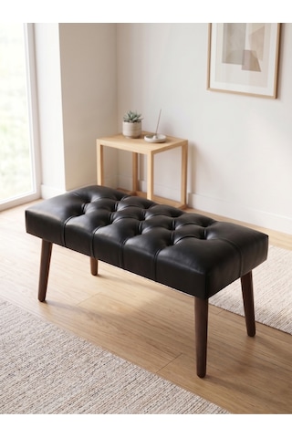 Modern Kapitoneli Siyah Deri Kumaş Bench Puf Oturma Bankı Ahşap Ceviz Ayaklı Demonte 90x45