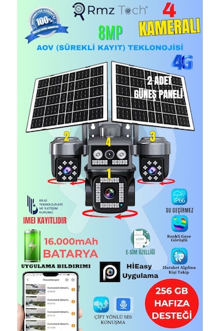 Rmztech Ztech Z7 Plus 4 Kameralı 8mp E-sim Çift Solar Panel 4g Aov Ptz Kamera Gece Renkli Görüş Hieasy