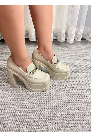 Asmi Shoes Kadın Mila Bej Kare Toka Loafer Model 12 Cm Platform Topuklu Ayakkabı