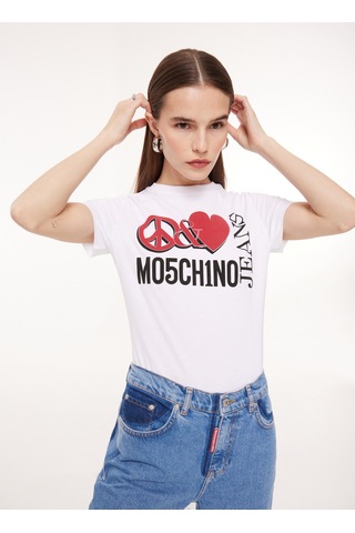 Moschino Jeans Bisiklet Yaka Baskılı Beyaz Kadın T-shirt J0713