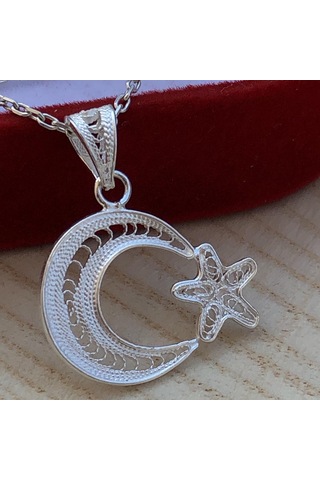 Doğan Silver 925 Ayar Gümüş Telkari El Işi Ay Yıldız Model Kolye