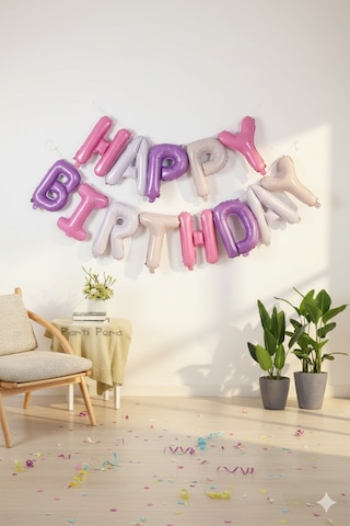 35 Cm Happy Birthday Pembe Mor Harf Folyo Balon Seti - Doğum Günü Parti Dekorasyonu Çok Renkli