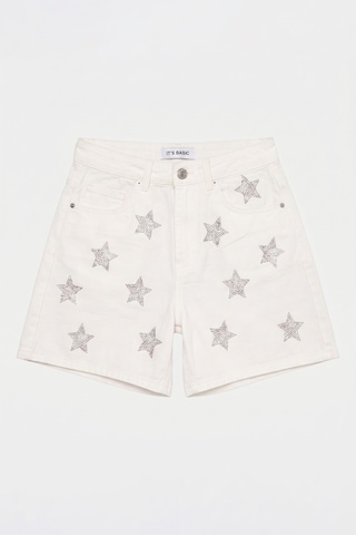 Itsbasic Kadın Kırık Beyaz T-7s6-101 Mom Relax Yıldız Detaylı Tasarım Denim Şort