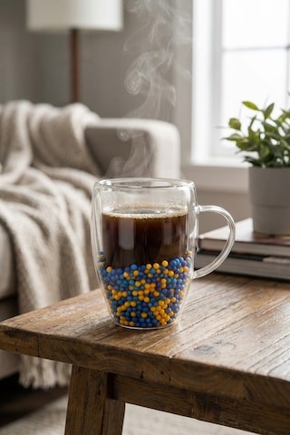 Makri Home Çift Cidarlı Sarı Lacivert Cam Kupa 350 Ml Isıya Dayanıklı Çok Renkli