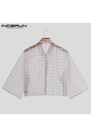 İncerun Yaz Erkek See Through Bol Kısa Kollu Ekose Gömlek Beyaz