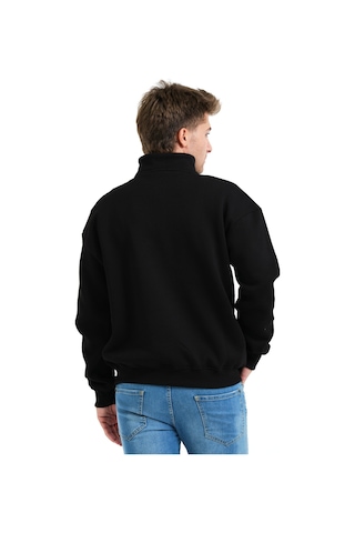 Justever Regular Fit Dik Yaka Yarı Fermuarlı Şardonlu Siyah Erkek Sweatshirt - Prime Siyah