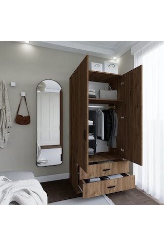 80 Cm Atlantik Çam 2 Kapaklı 2 Çekmeceli Elbise Dolabı - Gardırop Çam