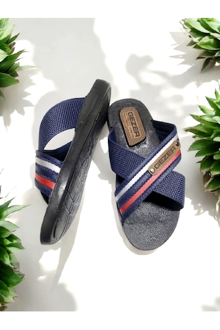 Gezer Erkek Çapraz Bant Rahat Taban Ev Ve Dışarı Terliği Lacivert - Kırmızı - Beyaz