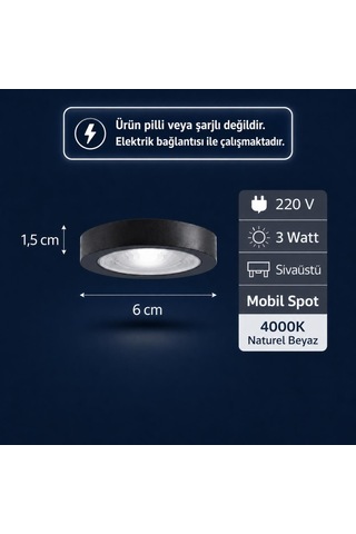 Sekatech 3w Led Sıva Üstü Mini Spot 220v 4000k Doğal Beyaz 6 Cm Mobil Raf & Dolap Aydınlatma Siyah