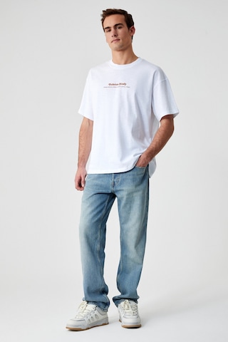 BOLETUS Erkek Baskı Detaylı %100 Organik Pamuk Oversize Bisiklet Yaka Kısa Kol Beyaz T-Shirt