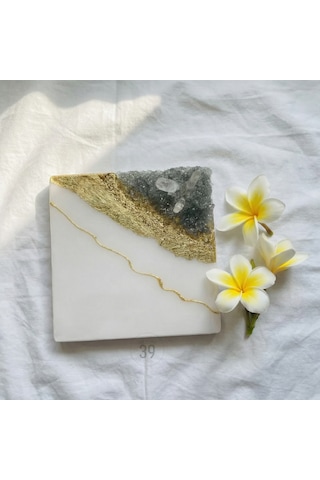 Geode Bianco Kuvars Taşlı Modern Epoksi Duvar Tablosu Enerjisel & Dekoratif Sanat 20x20 Cm