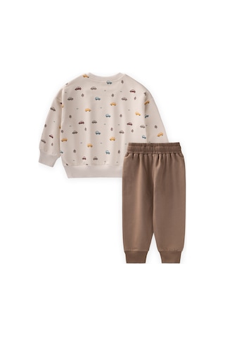 Cigit Araba Baskılı Sweatshirt Takım 1-5 Yaş Bej Bej