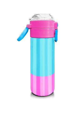 Coral High Kids Renkli Çizgili Desenli Pipetli Ve Direkt İçim Çelik Termos 500 Ml 31987 Pembe - Mavi