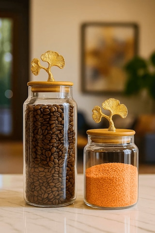 2 Li Altın Metal Ginkgo Figürlü Bambu Kapaklı Cam Kavanoz Saklama Kabı 1400ml + 890 Ml Şeffaf