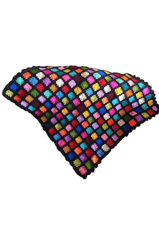 El Örgüsü Etnik Otantik Kare Motifli Siyah Koltuk Şalı 100 Cm X 100 Cm Siyah - Çok Renkli