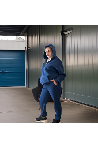 Ceyss Design Unisex Üç İplik Şardonlu Kapüşonlu Hırkalı Eşofman Takımı-indigo İndigo
