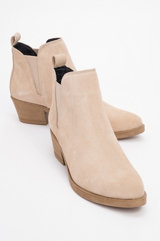 Luvishoes Luvi Shoes Dovena Bej Süet Hakiki Deri Lastikli Kadın Topuklu Bot Bej Süet