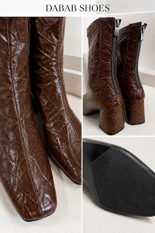 Dabab Shoes Janıce Kadın Acı Kahve Küt Kare Burun Kırışık Desenli Rugan Streç Arkadan Fermuarlı 6 Cm Kalın Topuklu Bot Bootie Kahverengi